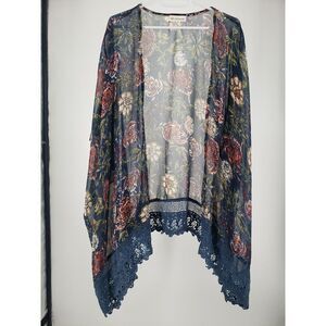 Sky And Sand Womens Kimono Overlay Shirt Floral With Blue Lace‎ Trim